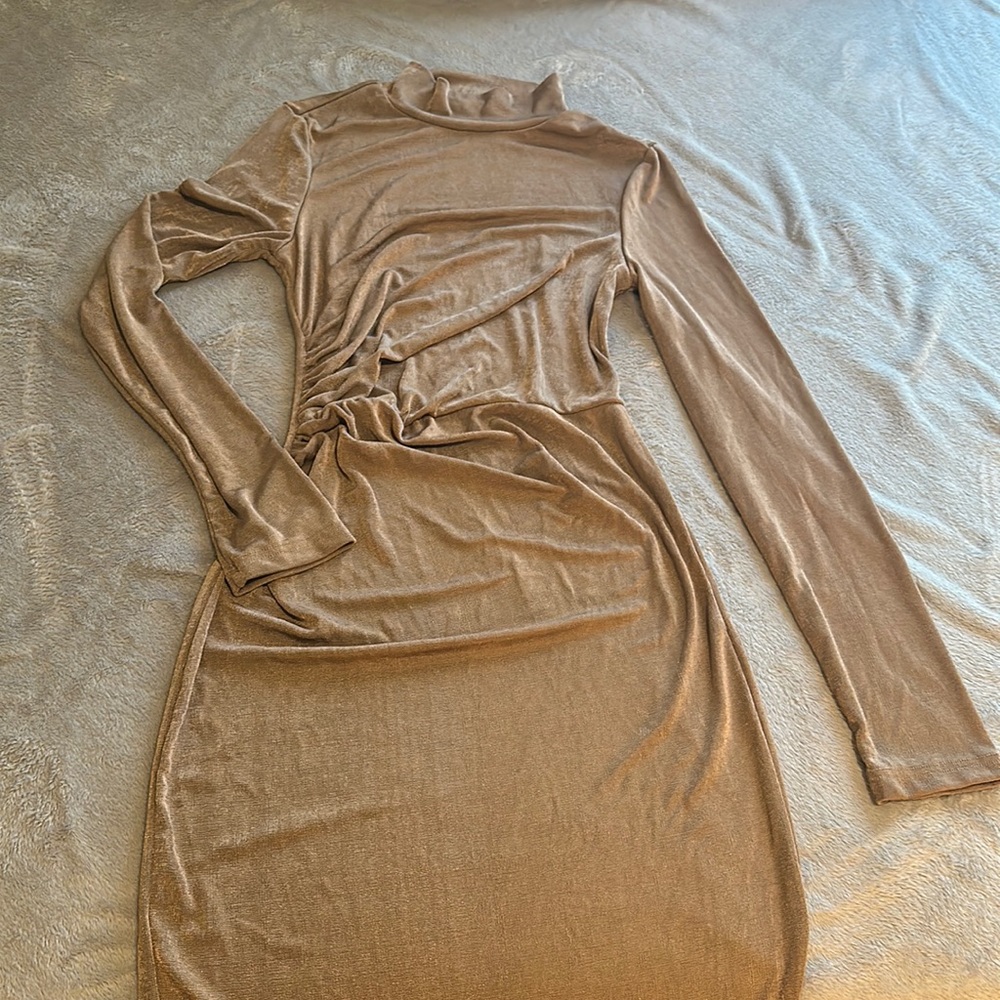 Shimmery Ruched Turtle Neck Maxi Dress